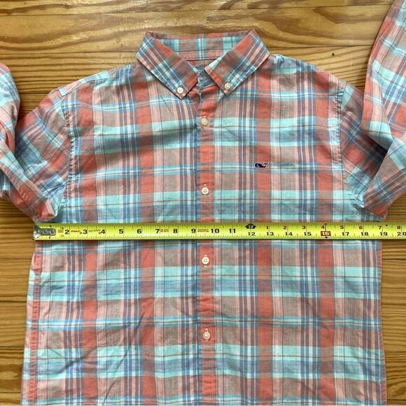 Vineyard Vines Boys XL Plaid Stretch Shirt Peach Blue - Picture 8 of 9